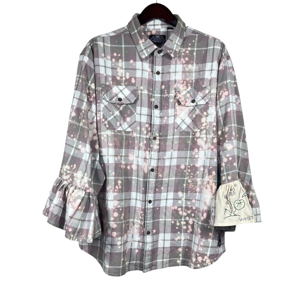 Angry Minnow Flare Sleeve Flannel Womens 2XL Distressed Plaid Violet Tea Towel